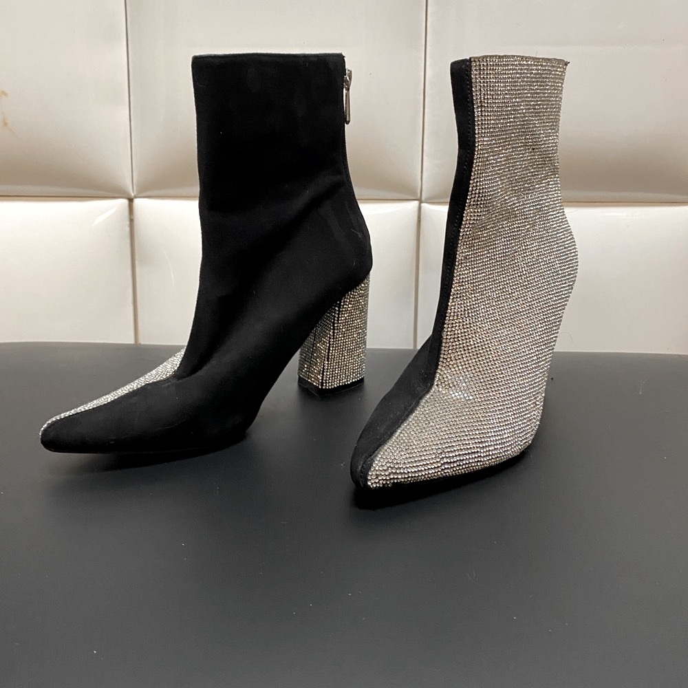 Rhinestone Ankle Boots - Crystal Black Glam Booties - Pointed Toe - Size 8